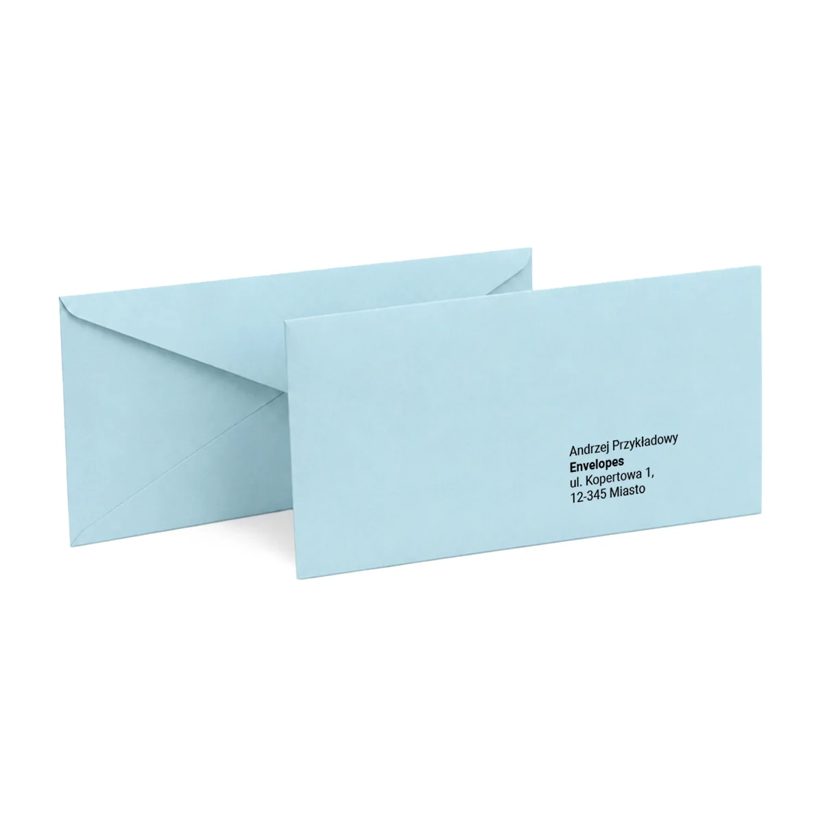 Dwie koperty ozdobne DL na białym tle, na przedniej nadrukowany przykładowy adres odbiorcy. Kolor: Błękitna, papier 115 g/m².