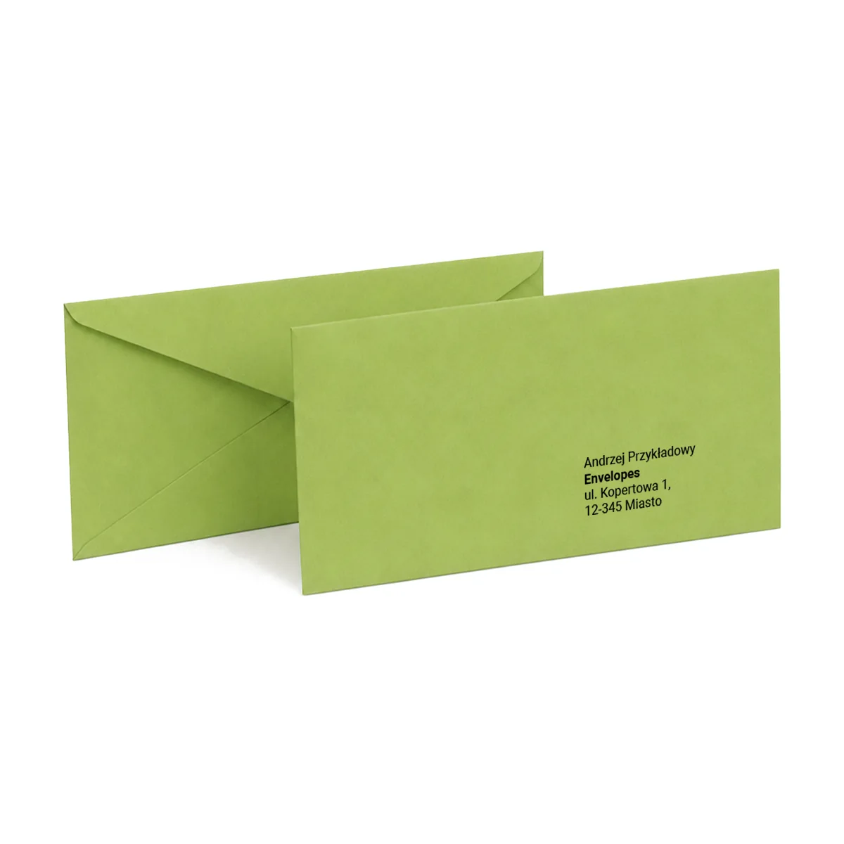 Dwie koperty ozdobne DL na białym tle, na przedniej nadrukowany przykładowy adres odbiorcy. Kolor: Zielony, papier 115 g/m².
