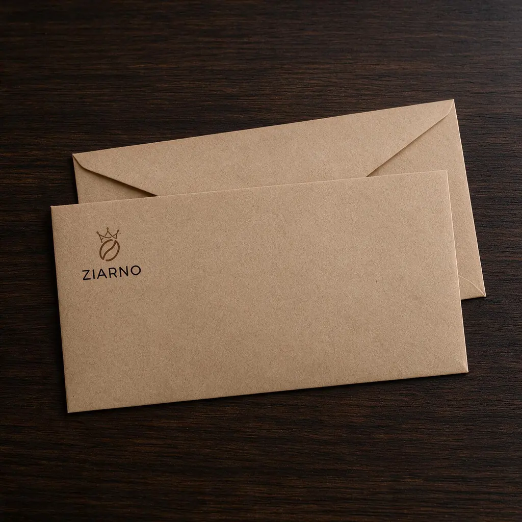 Koperta DL z papieru Eko z brązowym nadrukiem logo palarni kawy, na ciemnym drewnie