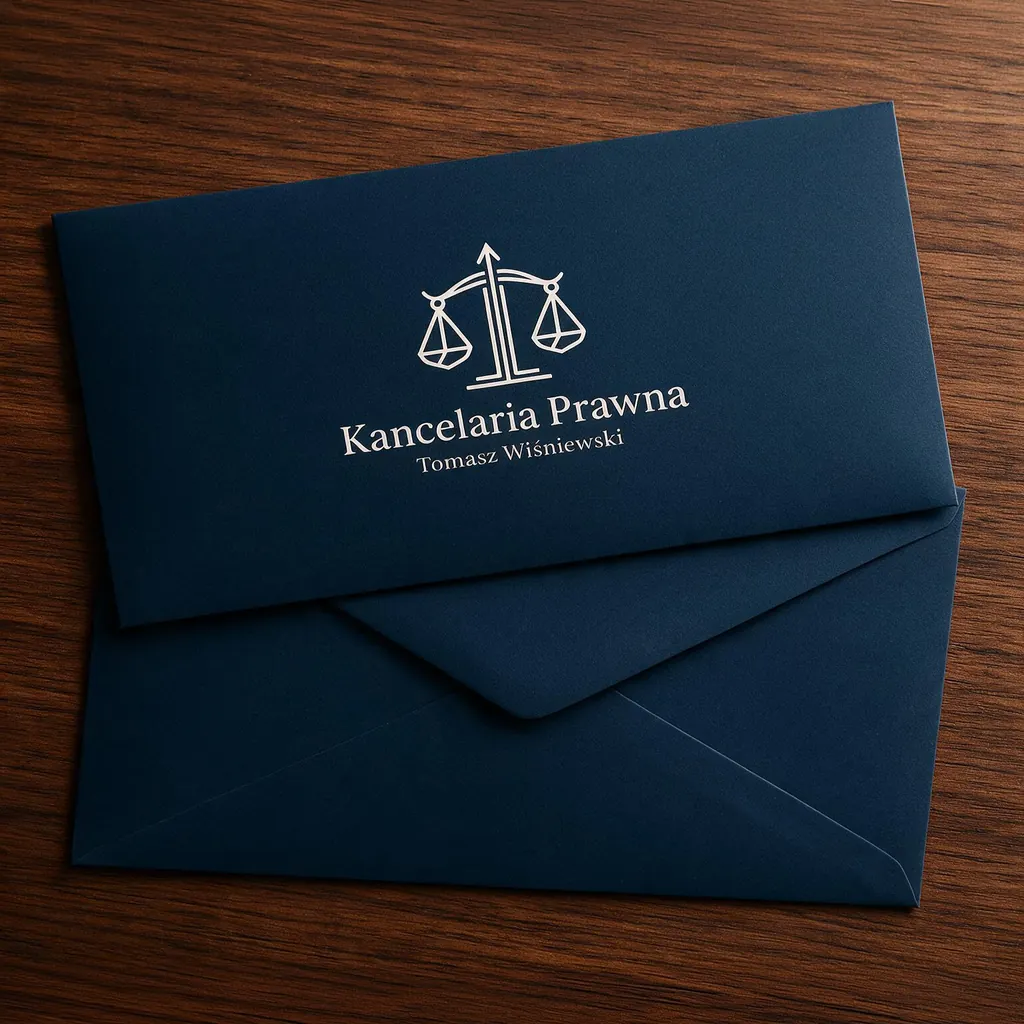 Granatowa koperta DL z jasnym nadrukiem logo kancelarii prawnej, leżąca na ciemnym drewnianym blacie